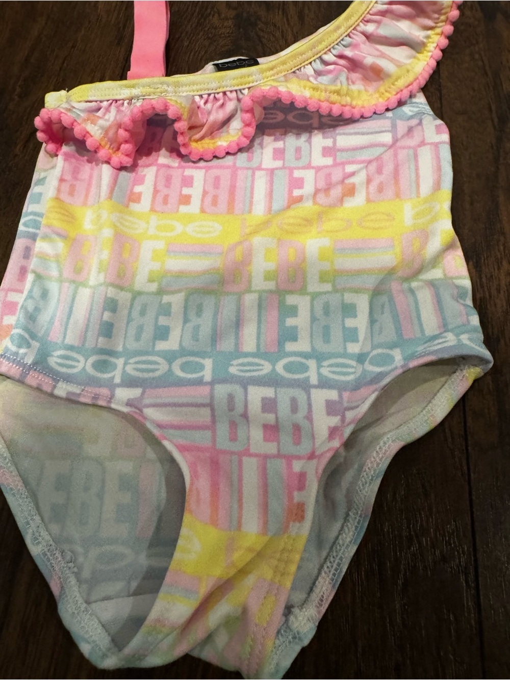 bebe Pastel Pink, Yellow & Blue One-Shoulder Ruffle Kids Swimsuit - Picture 4 of 7